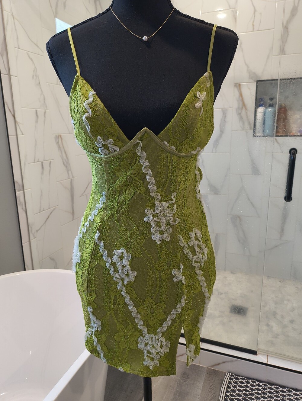 Olive Green Lace Slip Dress with White Floral Applique